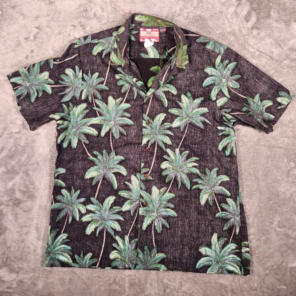 RJC Hawaiian Shirt Mens XL Black Excellent Palm Tree Print Cotton Made‎ in USA